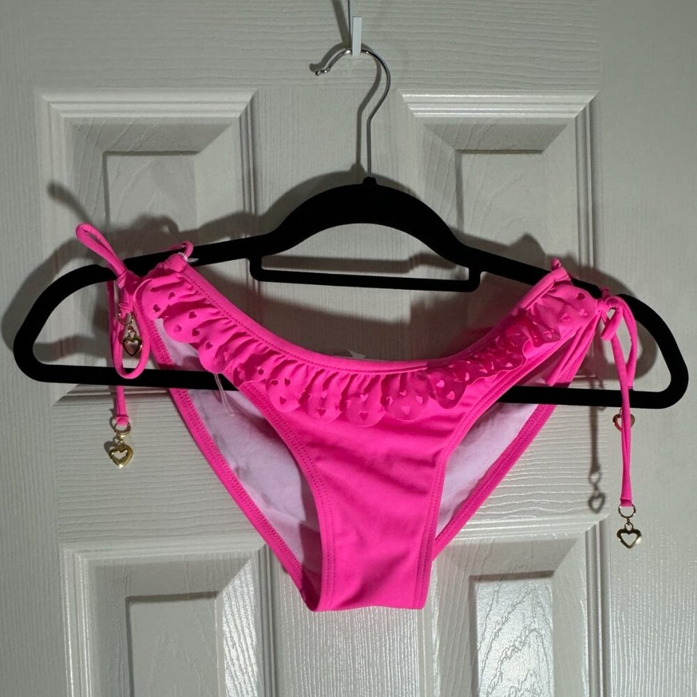 Beach Barbie Bikini Bottoms Y2K Frilled with Hearts and Tie Closure NWT